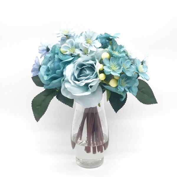 Enova Home Azure Silk Rose and Mixed Flower Arrangements in Clear Glass Vase with Faux Water