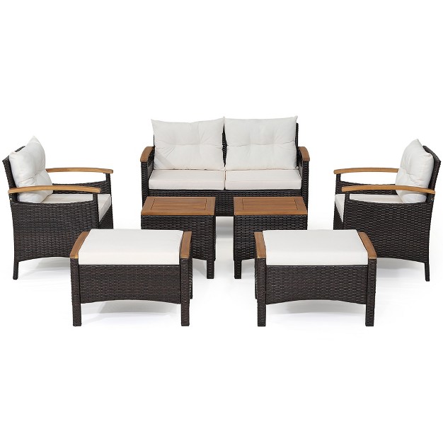 Costway 7pcs Patio Rattan Furniture Set Cushion Armrest Loveseat Ottoman Table