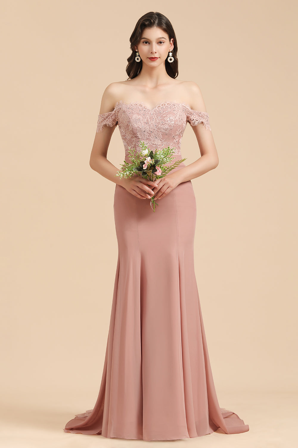 Dusty Rose Off-the-Shoulder Lace Bridesmaid Dresses