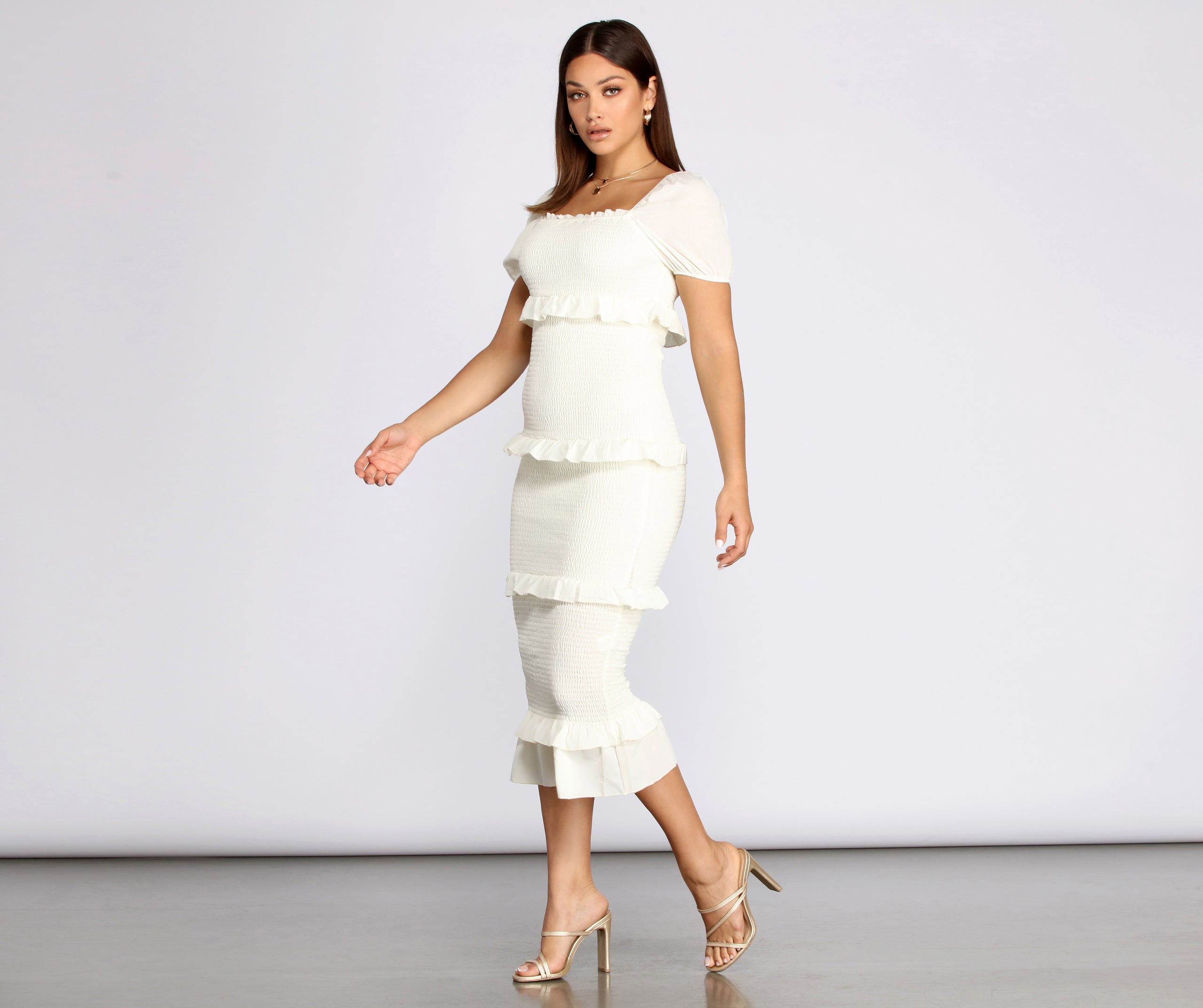 Ruffle Square Neck Smocked Midi Dress