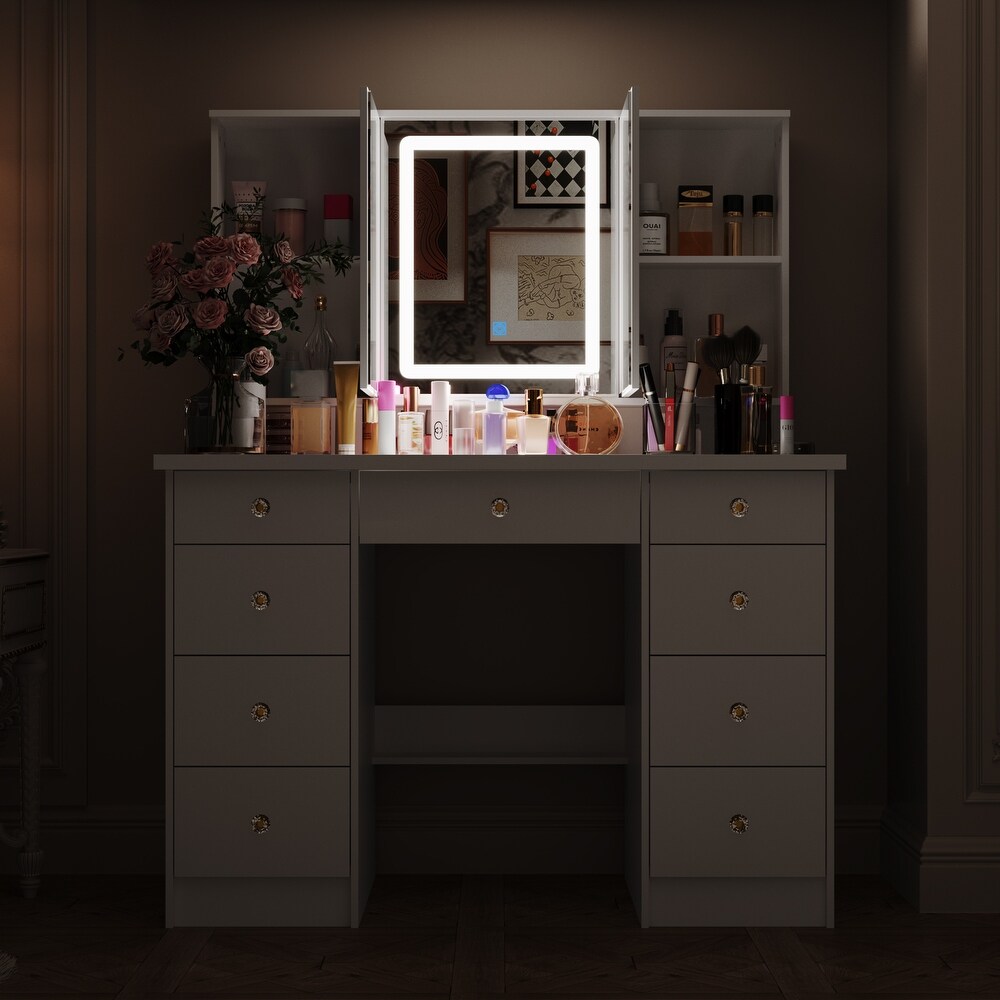 Makeup Vanity with 3 Color Lighted Mirror  Large Vanity Table Dressing