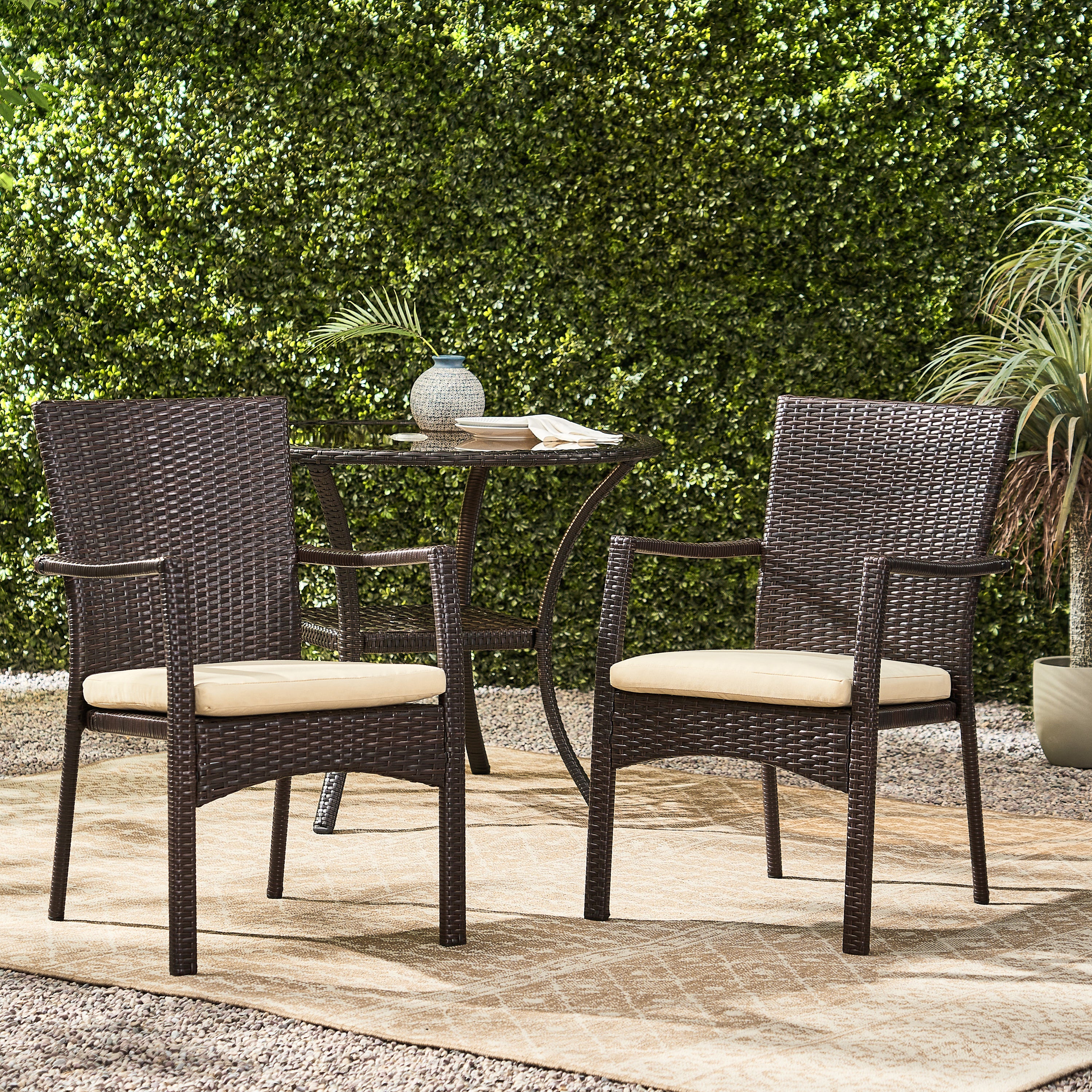 Melba Outdoor Brown Wicker Dining Chair with Beige Cushion (Set of 2)