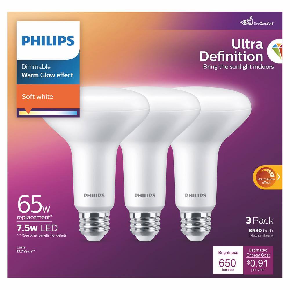 Philips 65-Watt Equivalent BR30 Ultra Definition Dimmable E26 LED Light Bulb Soft White with Warm Glow 2700K (3-Pack) 576769