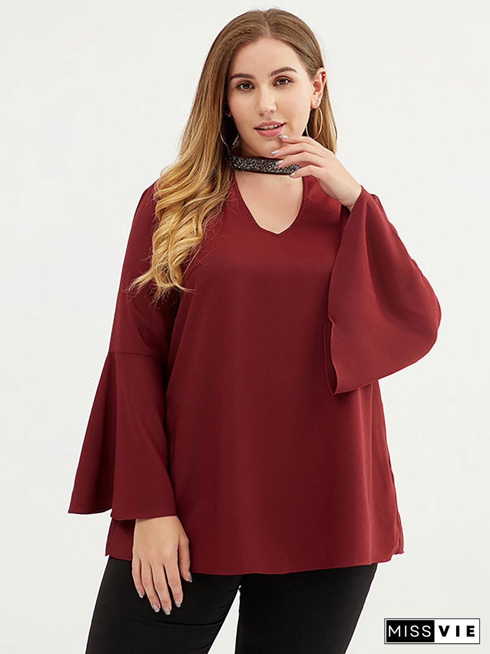 Plus Size Women 3/4 Flare Sleeve Solid Color T-shirt