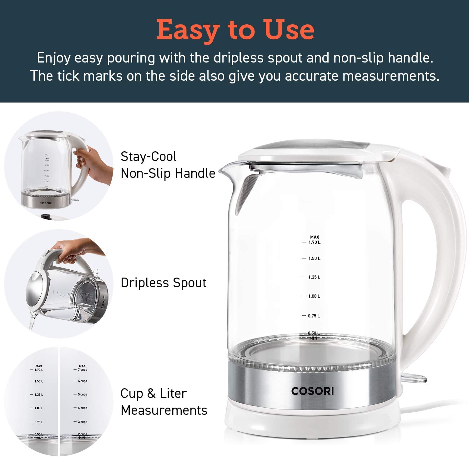 COSORI Electric Kettle 1.7L，Speed-Boil Water Boiler (BPA Free) Auto Shut-Off and Boil-Dry Protection，Glass Water Boiler with LED Indicator Inner Lid and Bottom，White