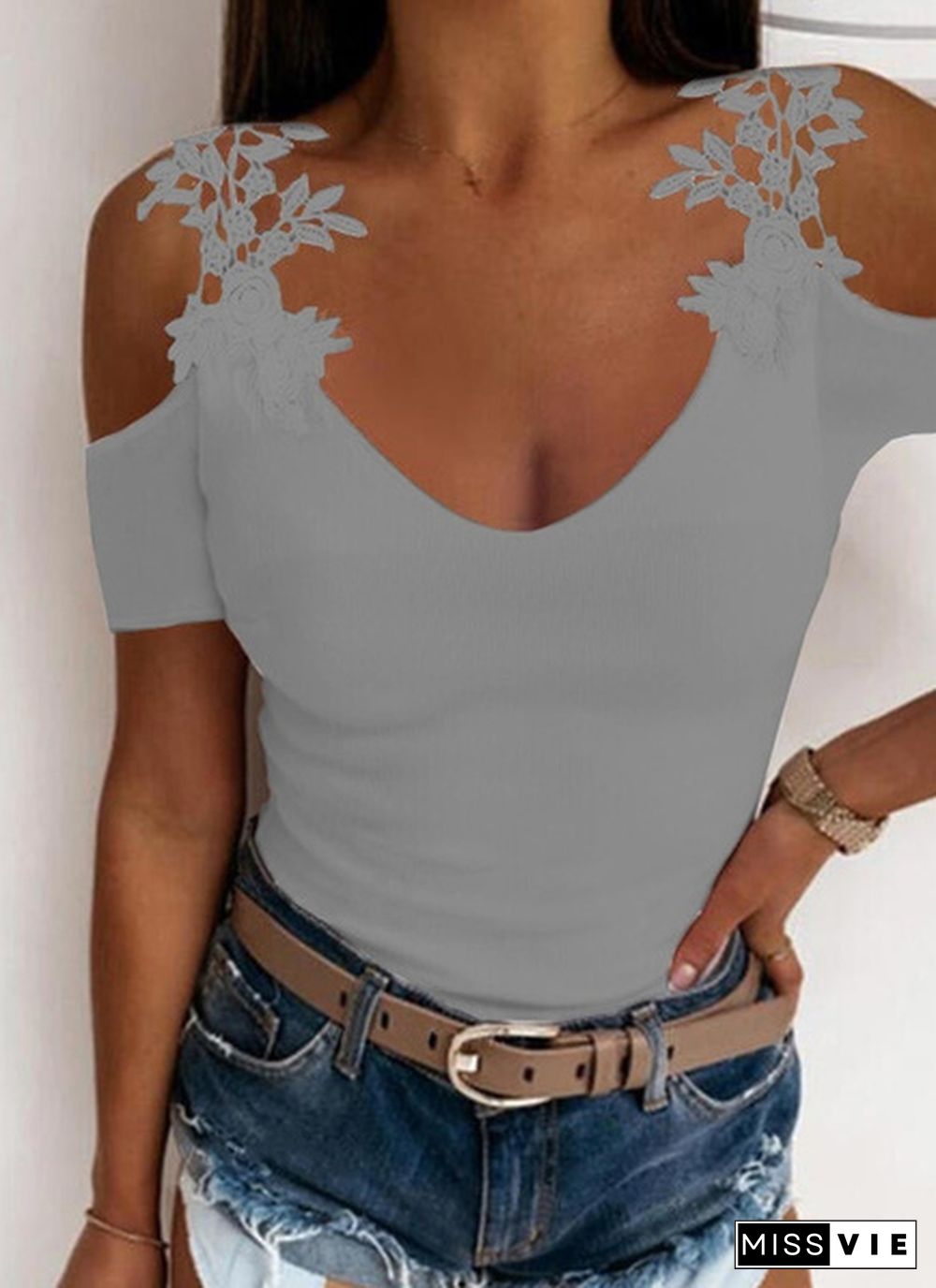 Women Fashion Solid Color Lace Cold Shoulder Tops Casual Slim Fit Short Sleeves Shirt Deep V Neck Tops Blouse Plus Size S-5XL