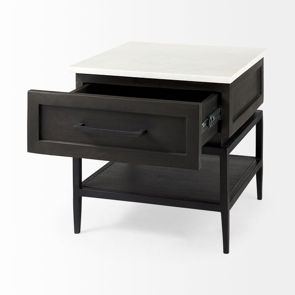 Divina Dark Brown Solid Wood w/ White Marble Top and Black Iron Frame Side Table