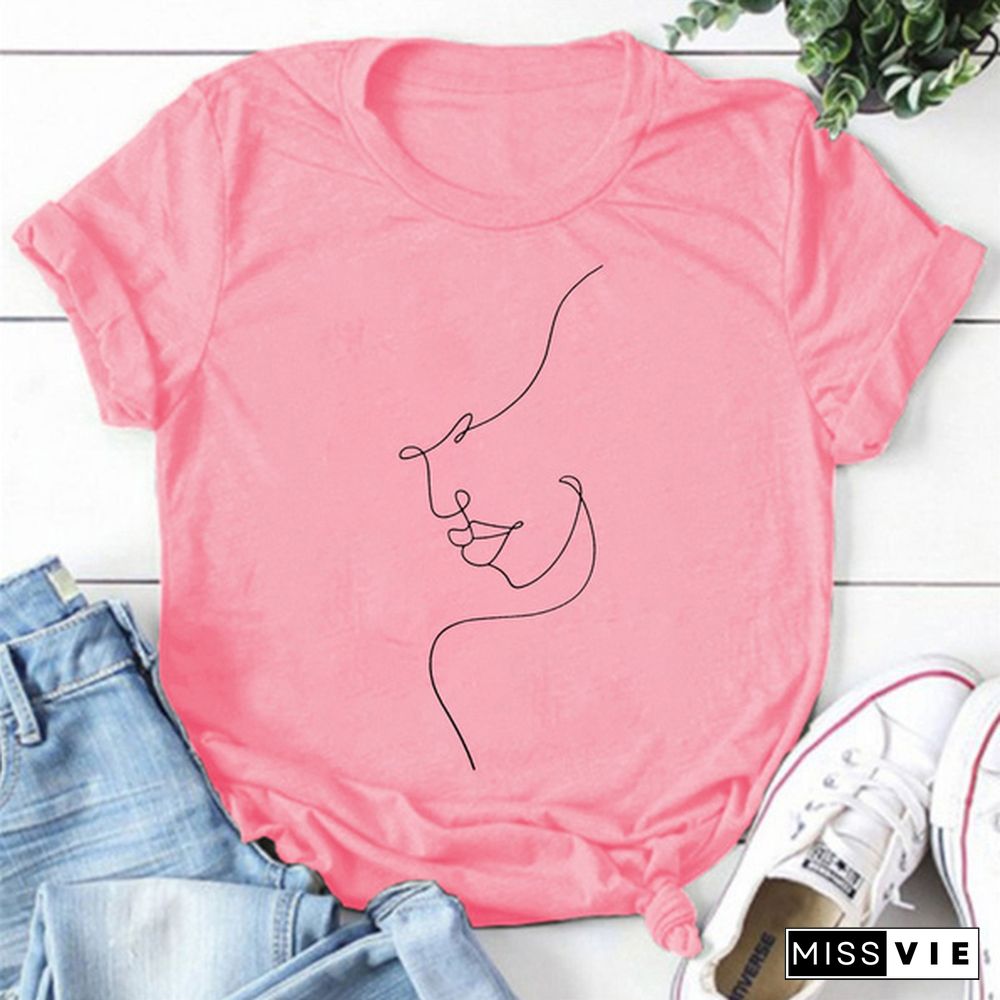 Cute Line Print T-shirts For Women Summer Lovely Short Sleeve Casual Round Neck T-shirts Ladies Creative Personalized Tops