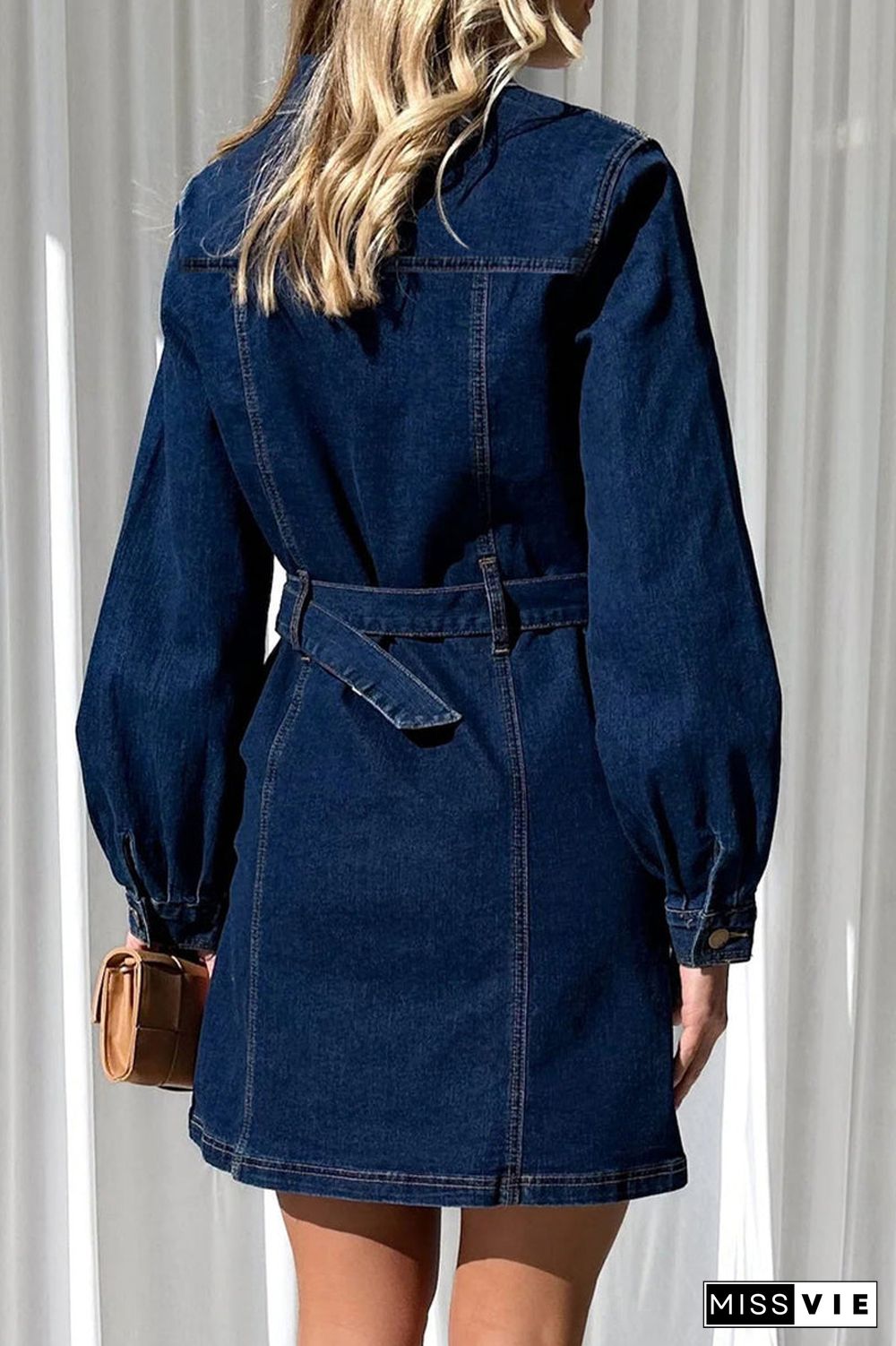 Casual Solid Pocket Buckle With Belt Turndown Collar Long Sleeve Straight Denim Dresses