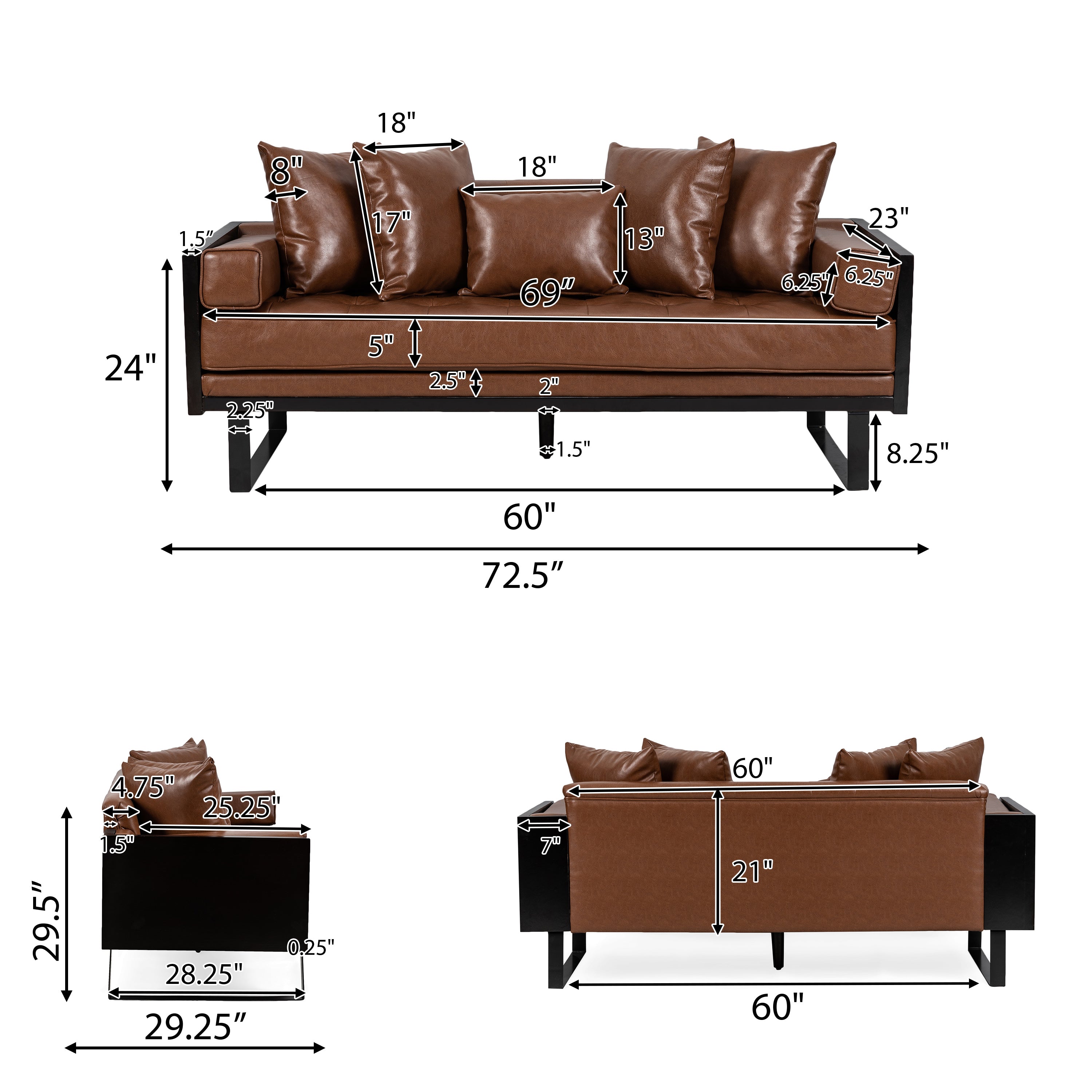 Manbow Contemporary Faux Leather Upholstered Oversized Loveseat with Accent Pillows