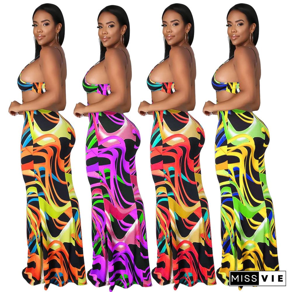 Sexy Tie Dye Sleeveless Spaghetti Straps V-Neck Hollow Out Stretchy Streetwear Bodycon Maxi Dresses