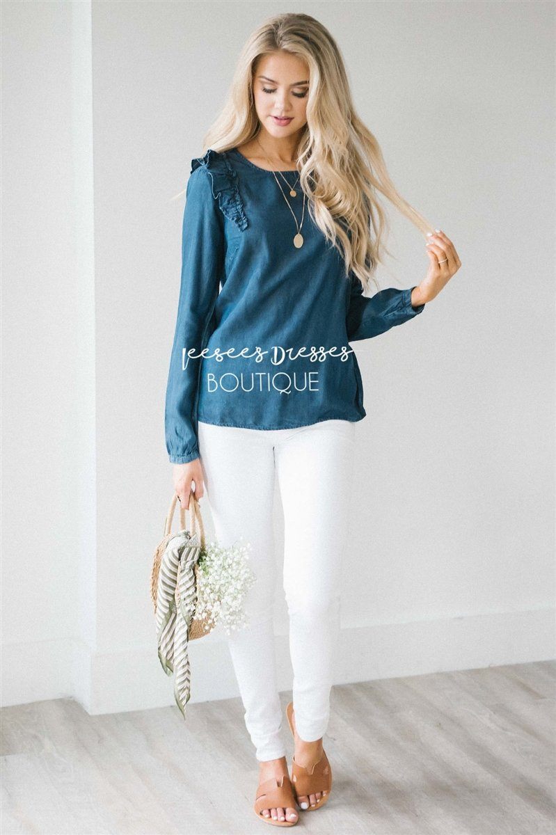 Ruffle Shoulder Long Sleeve Chambray Top