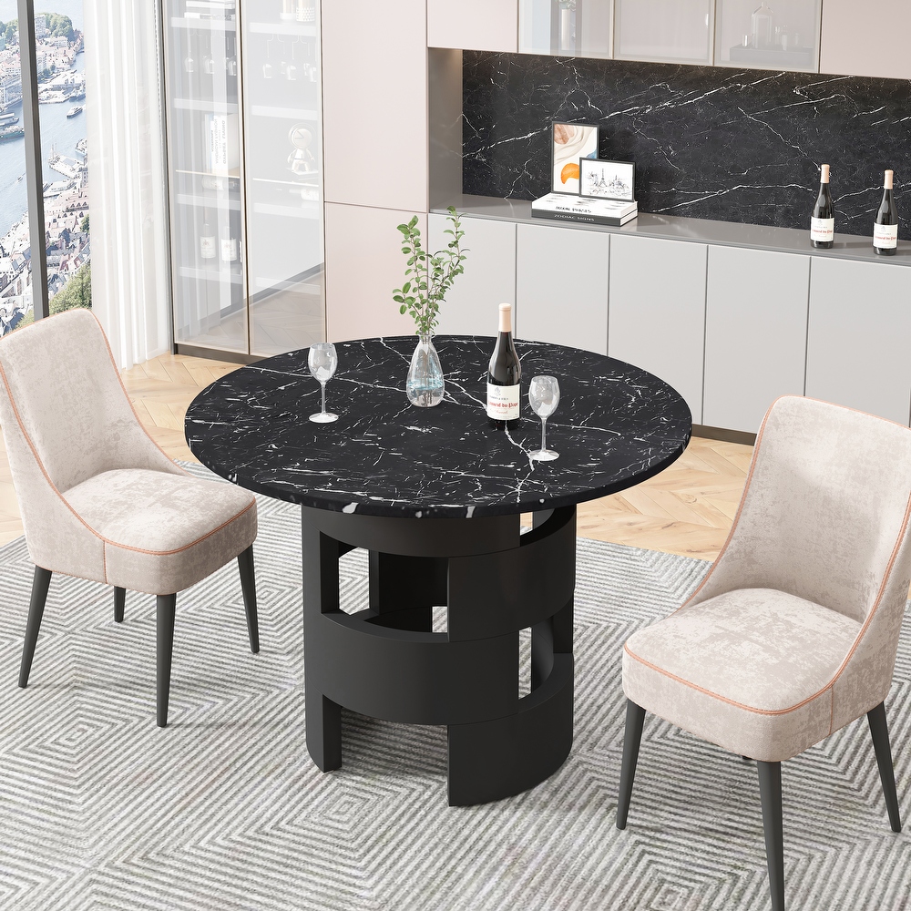 Modern Round Dining Table with Printed Black Marble Table Top For Dining Room  Kitchen  Living Room  Minimalist Style