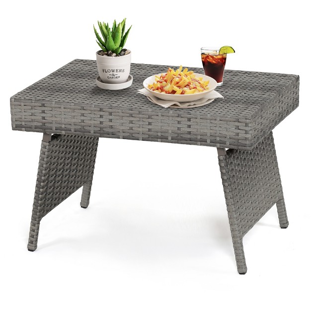 Costway Patio Folding Rattan Wicker Side Table End Coffee Table Portable Garden Mix Grey