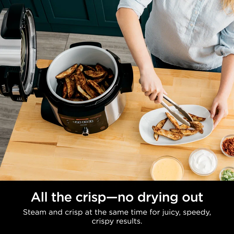 Ninja OL501 Foodi 6.5 Qt. 14-in-1 Pressure Cooker Steam Fryer with SmartLid， that Air Fries， Proofs and More， with 2-Layer Capacity， 4.6 Qt. Crisp Plate and 25 Recipes， Silver/Black