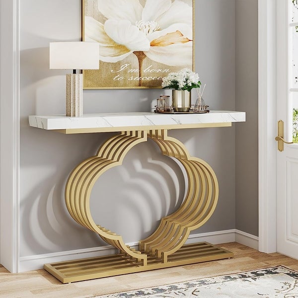 Faux Marble Console Accent Table with Flower Shaped Pedestal