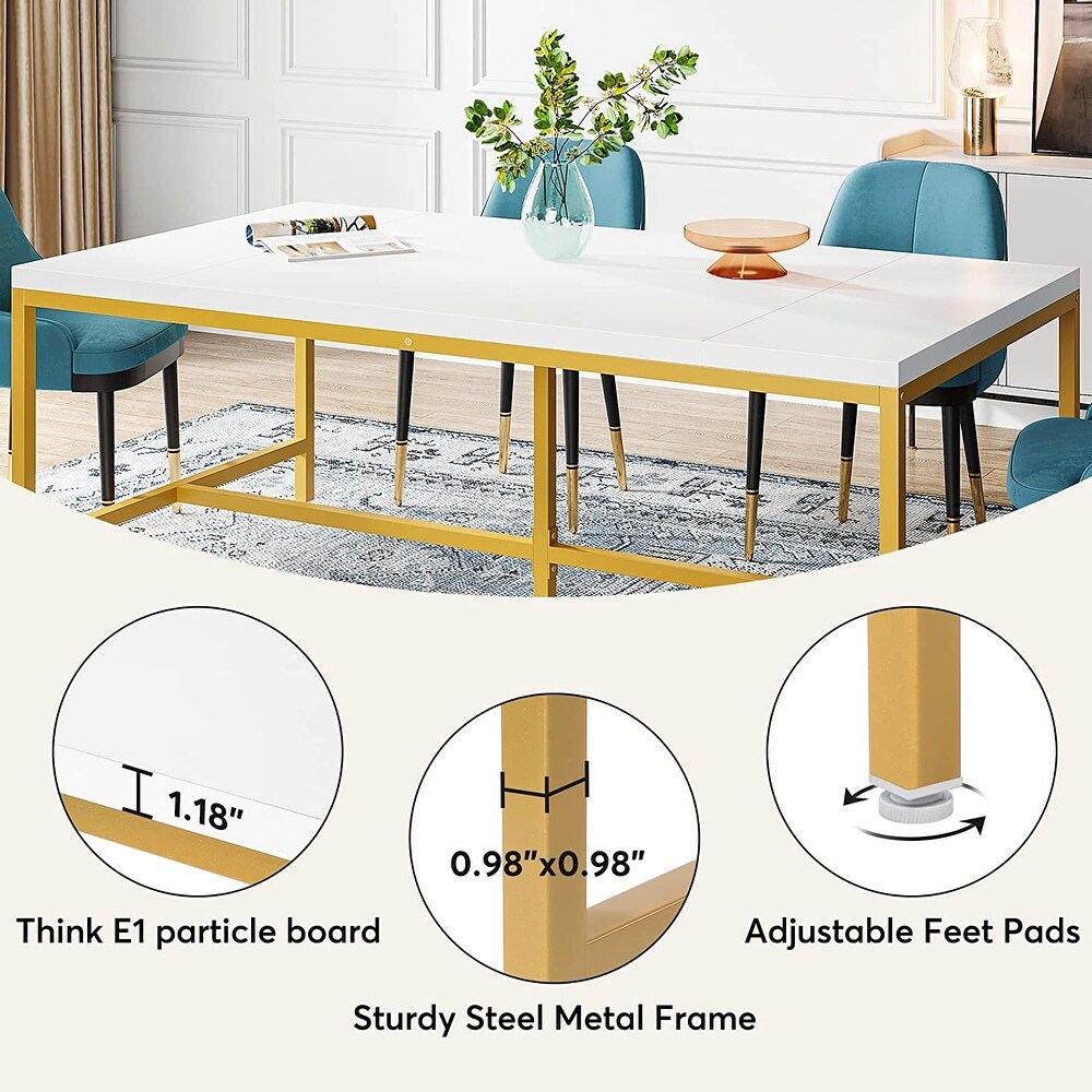 6FT Modern White Gold Rectangle Dining Table Set for 6 with Heavy Duty Metal Legs for Dining Room Kitchen Living Room