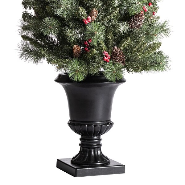 Glitzhome 4ft/5ft/6ft Flocked Pine Christmas Potted Porch Tree With Warm White Lights