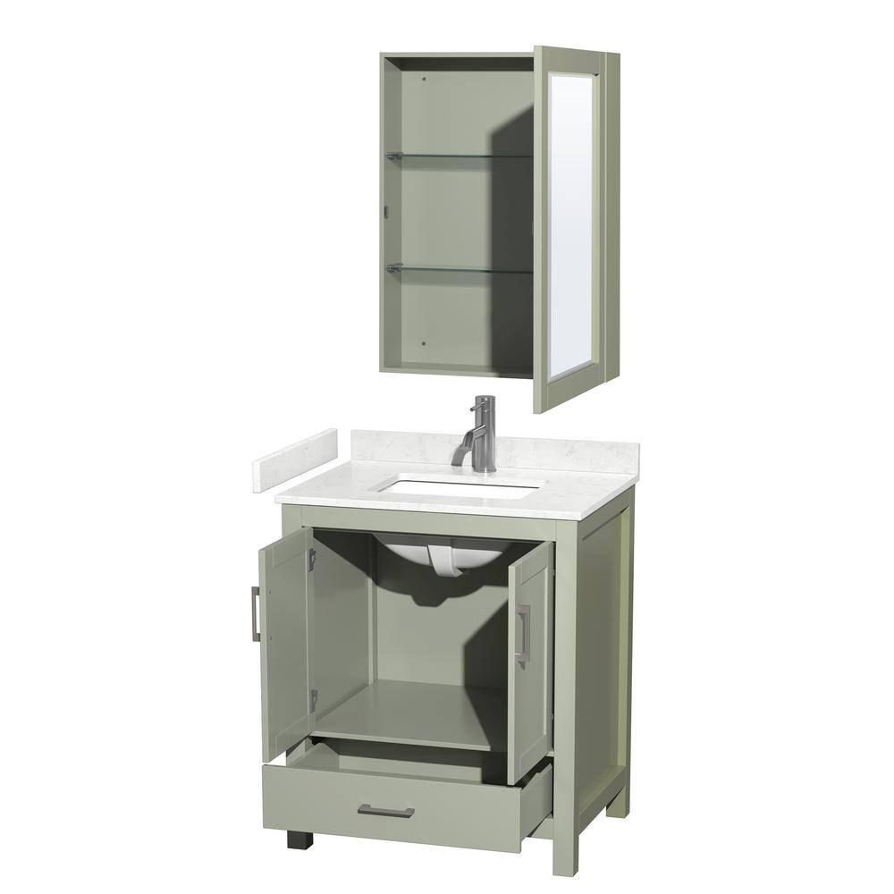 Wyndham Collection 30 in. W x 22 in. D x 35 in. H Single Bath Vanity in Light Green with Carrara Cultured Marble Top and MC Mirror WCS141430SLGC2UNSMED