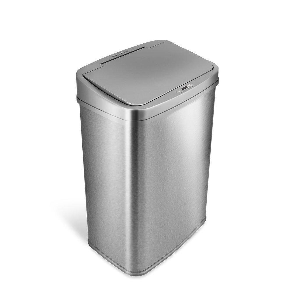 NINESTARS 13 Gal. Silver Stainless Steel Rectangular Shape Motion Sensor Trash Can DZT-50-28SL