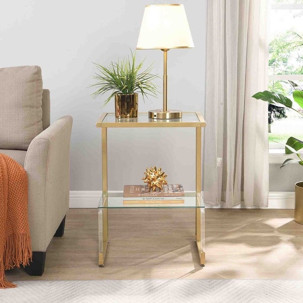 Grondin Contemporary Style 2-Tier End Table Sofa Side Table with Tempered Glass Shelves and Metal Frame