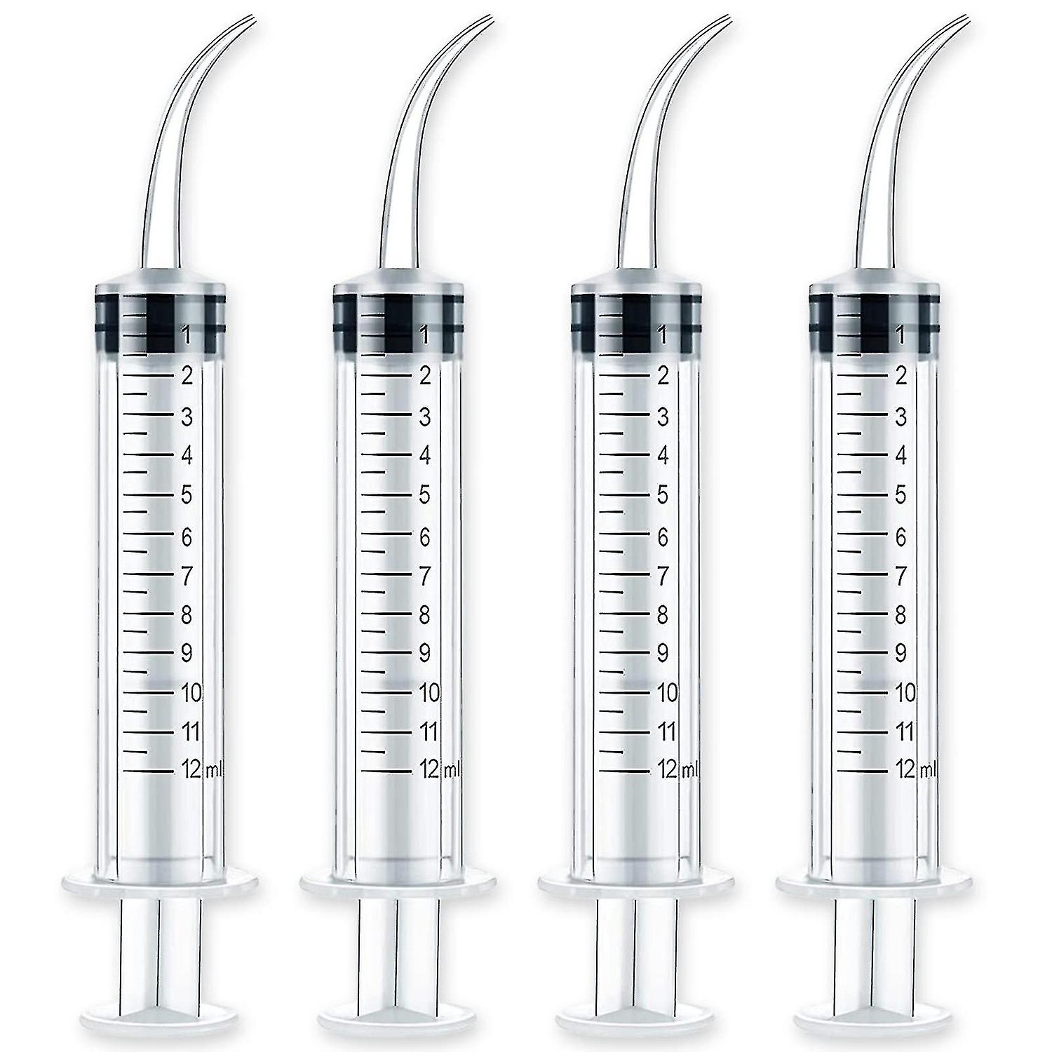 4 Pack 12ml Dental Syringe With Curved Tip， 12cc Disposable Dental Irrigation Syringe For Oral Denta