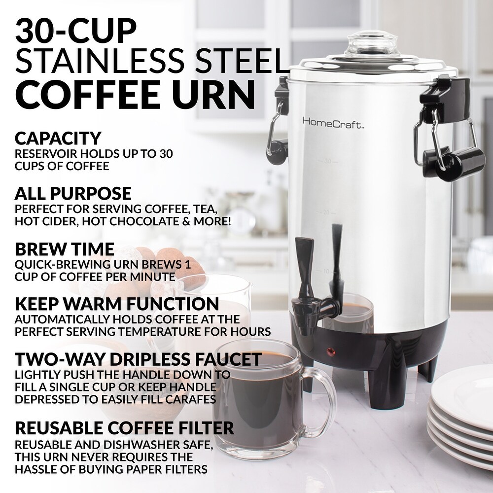 HomeCraft Quick Brewing 1000 Watt Automatic 30 Cup Coffee Urn   Stainless Steel   30 cups   30 cups