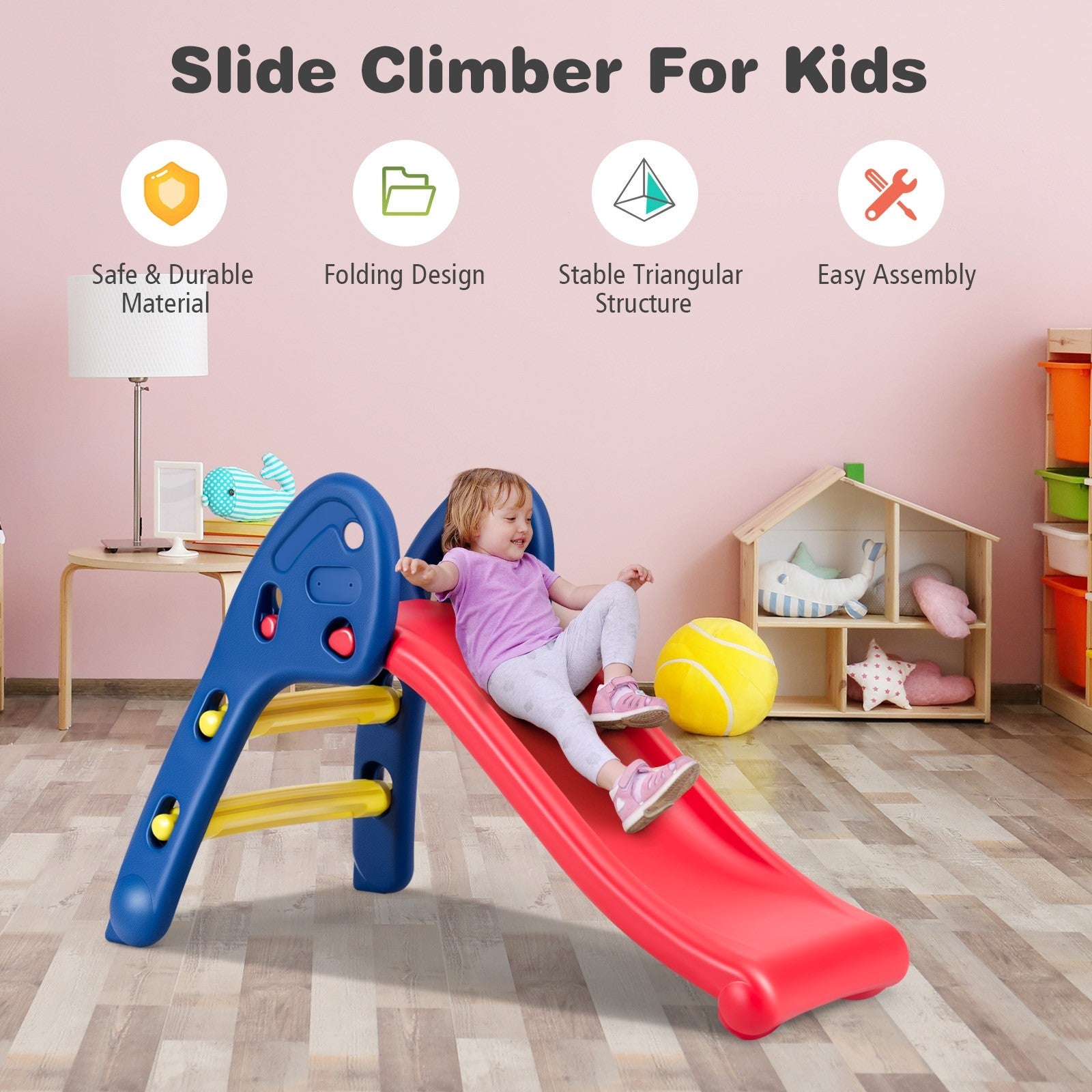 Joy Folding Slide, Indoor First Slide Plastic Play Slide Climber Kids (Ellipse Rail)