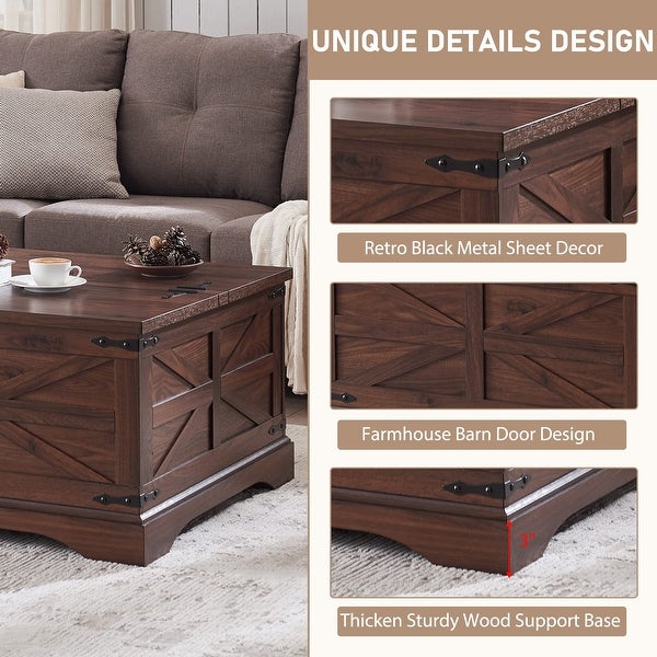 Farmhouse Coffee Table， Square Wood Center Table with Large Hidden Storage Compartment for Living Room， - as picture