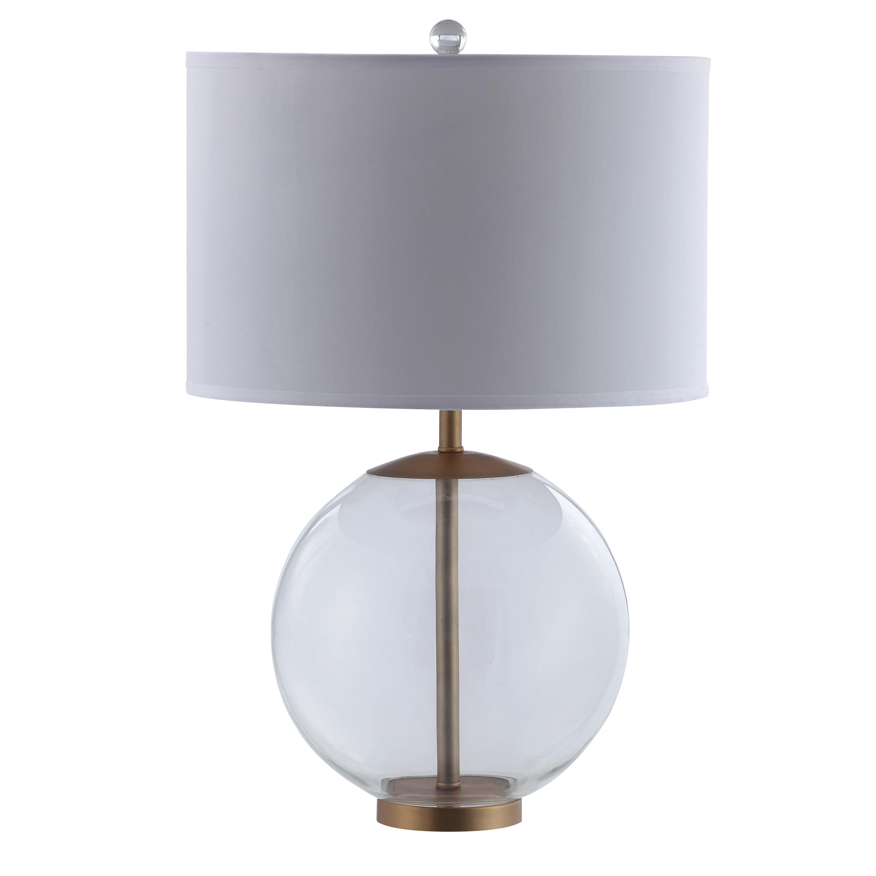 Drum Shade Metal Table Lamp with Glass Orb Accent， White and Brown