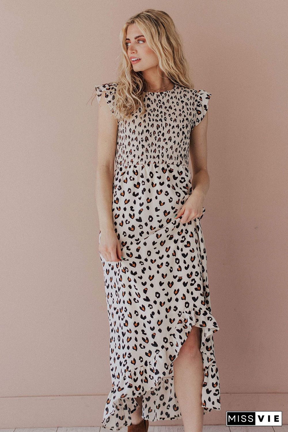 White Leopard Smocked High Low Midi Dress