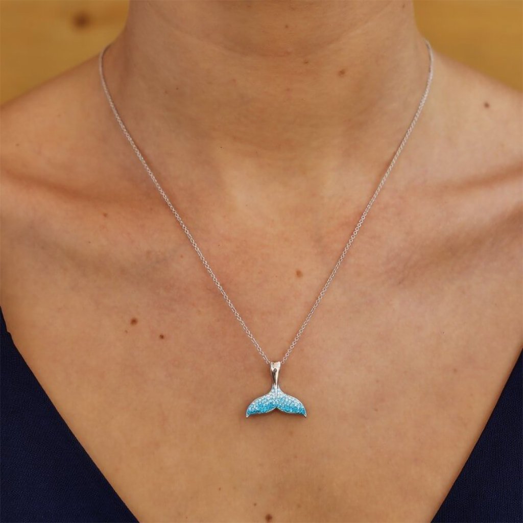 Ocean  Blue Whale Tail Necklace With Crystals - Sterling Silver