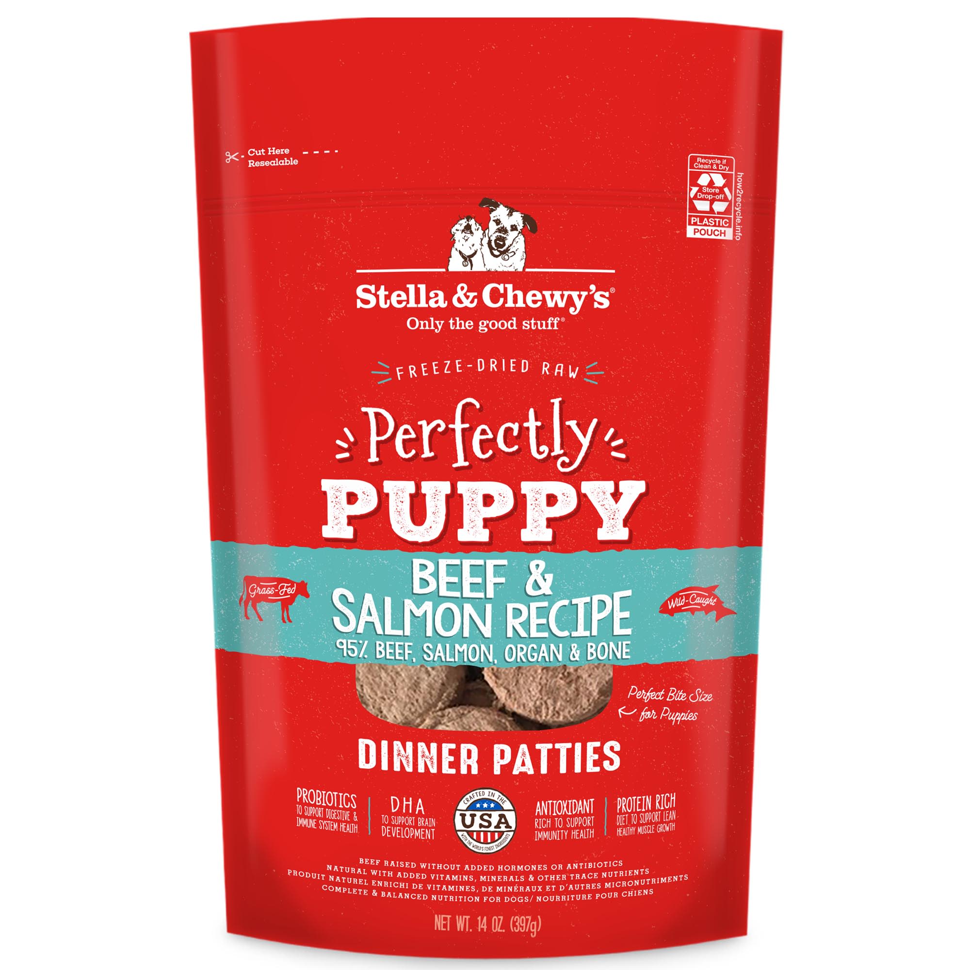 Stella  Chewys Freeze Dried Raw Dinner Patties Protein Rich Perfectly Puppy Beef  Salmon Recipe Dry Dog Food， 14 oz.