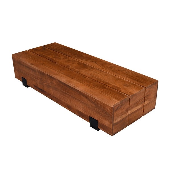 45 Inch Vesavi Handcrafted Rectangular Acacia Wood Coffee Table， Industrial Metal Sled Base， Brown and Black