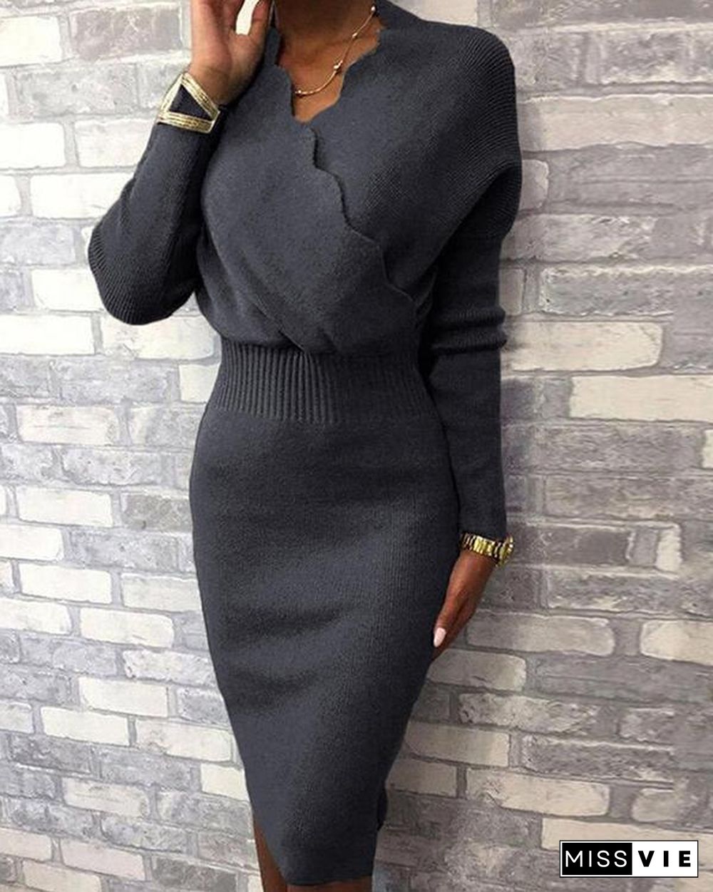 Solid Long Sleeves Bodycon Knee Length Little Black/Elegant Sweater Dresses