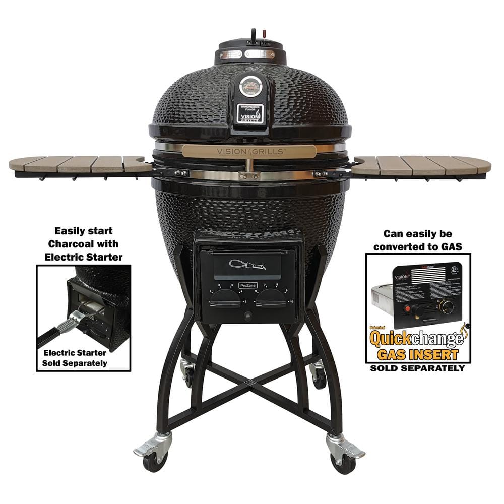 Vision Grills 22 in. Kamado S-Series Ceramic Charcoal Grill in Black with Cover, Cart, Side Shelves, Two Cooking Grates and Ash Drawer S-4C1D1