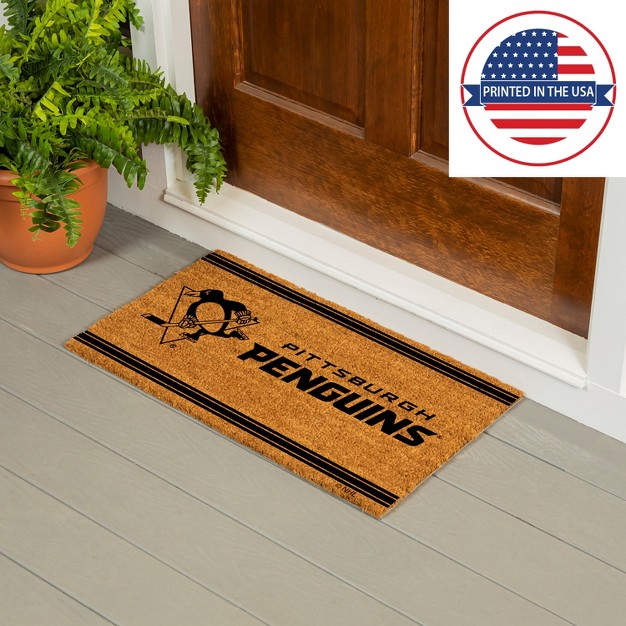 Evergreen Pittsburgh Penguins Logo Turf Mat Brown 28 X 16 Inches Indoor Outdoor Doormat