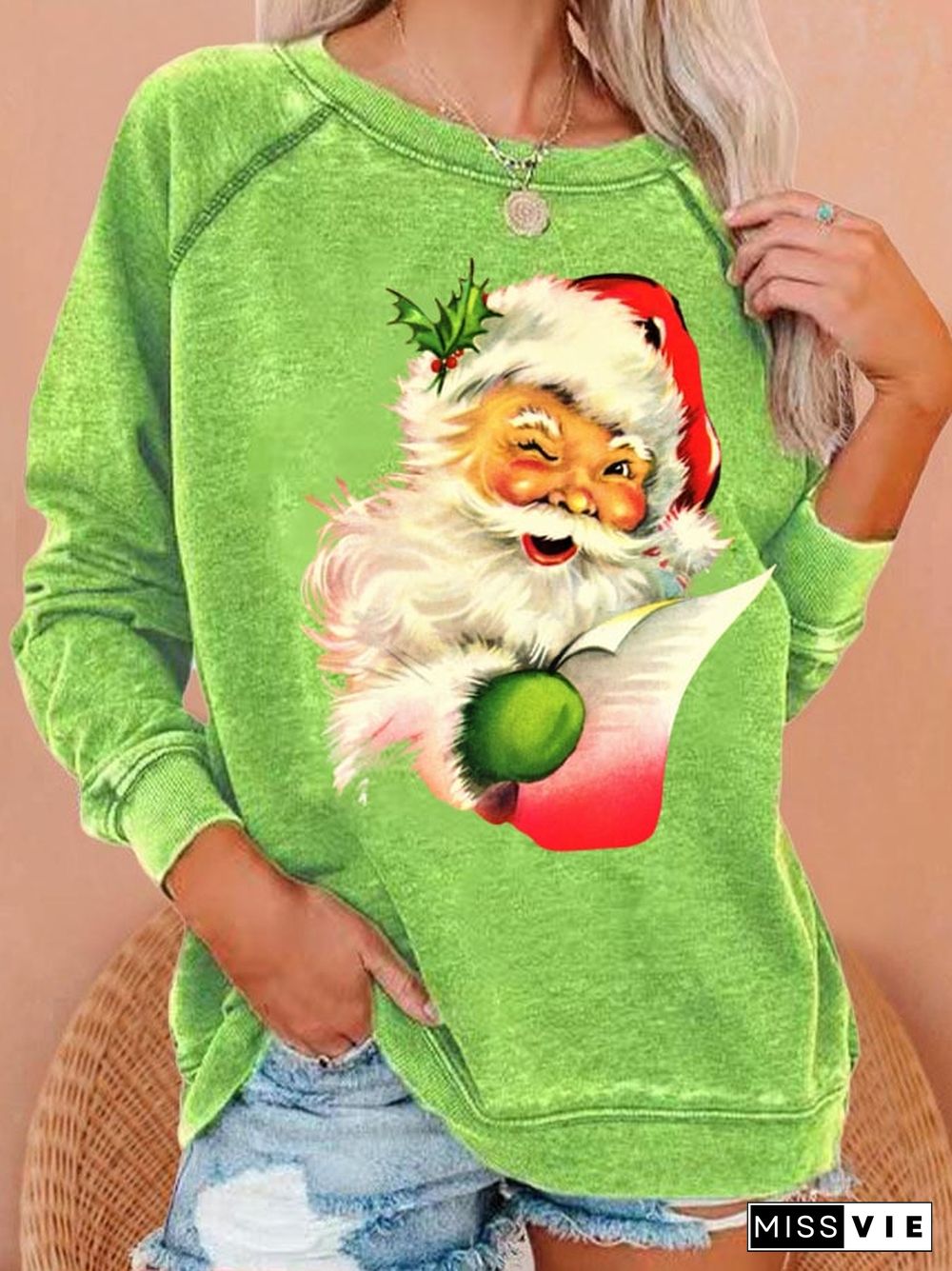 Women'S Santa Claus Print Crew Neck Sweatshirt