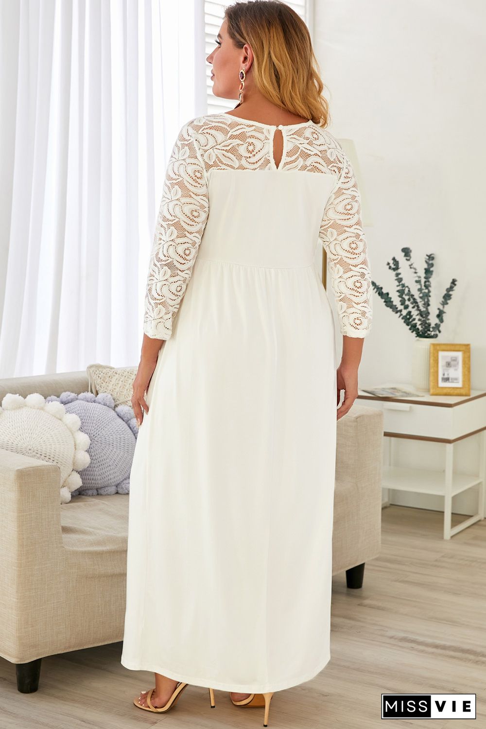 White Plus Size 3/4 Lace Sleeve Yoke Maxi Dress