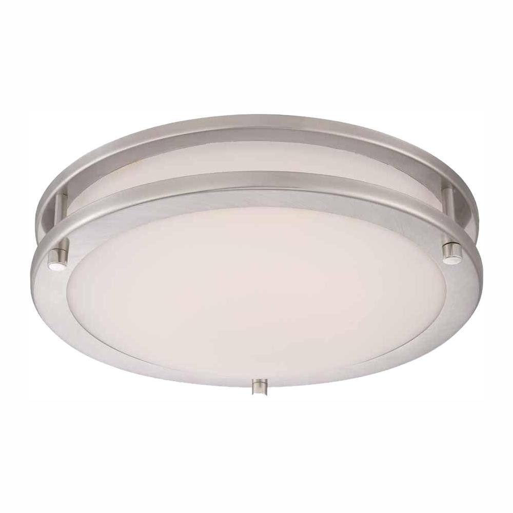 Hampton Bay Flaxmere 12 in. Modern Brushed Nickel Dimmable LED Integrated Flush Mount with Frosted White Glass Shade for Kitchen HB1023C-35