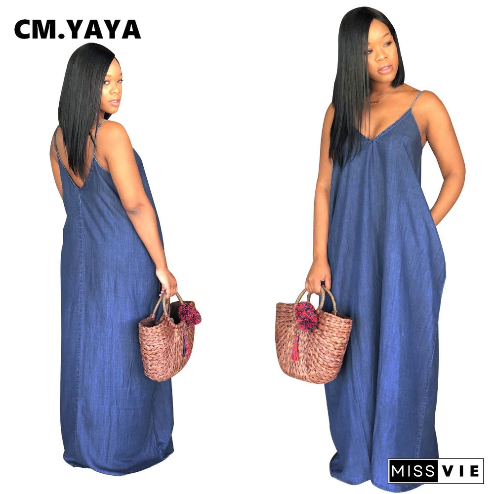 CMYAYA Women Summer S-3XL Denim Sexy Maxi Dress Party Club Outside Loose Long Strap Sleeveless Dresses Outfits