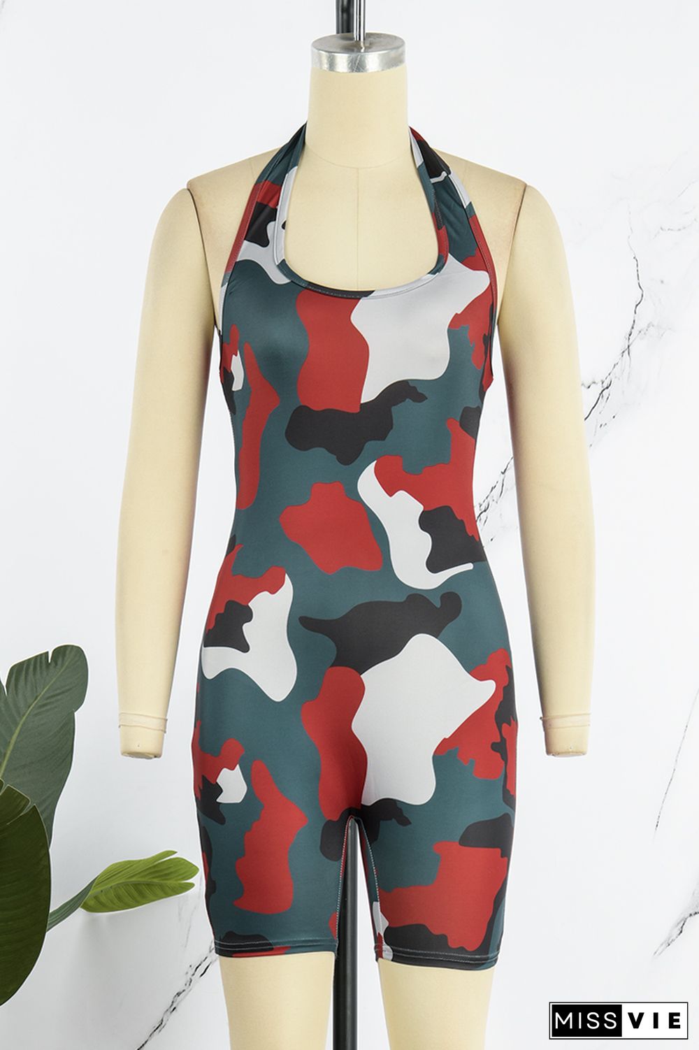 Red Sexy Camouflage Print Backless Halter Skinny Rompers