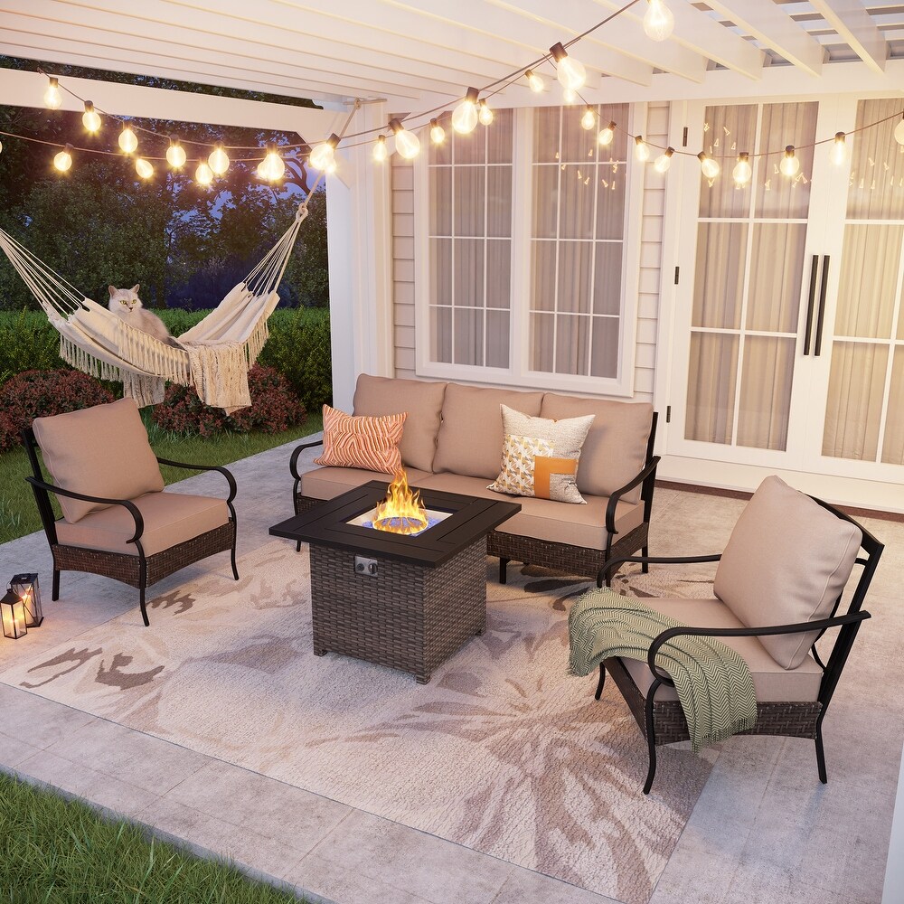 Wicker Patio Conversation Set with Gas Fire Pit Table