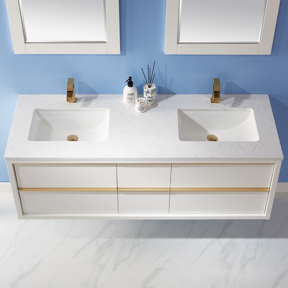 Altair Morgan Double Bathroom Vanity Set in White and Aosta White Countertop with Mirror