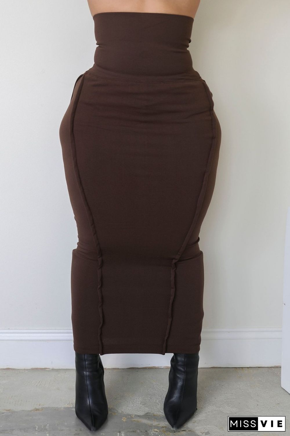 Brown Casual Solid Basic Skinny High Waist Conventional Solid Color Skirt