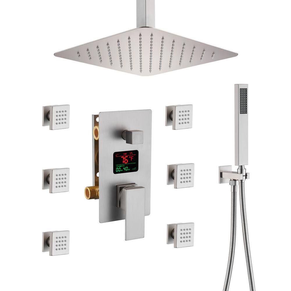 Mondawe LED Display 3 Spray Patterns 12in. Ceiling Mount Fixed and Handheld Shower Head in Brushed Nickel 2.5 GPM Valve Included WFNI6025-12BN