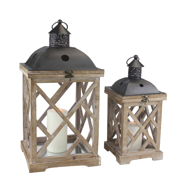 Set Of 2 Wooden And Metal Hurricane Candles Lantern Brown Stonebriar Collection