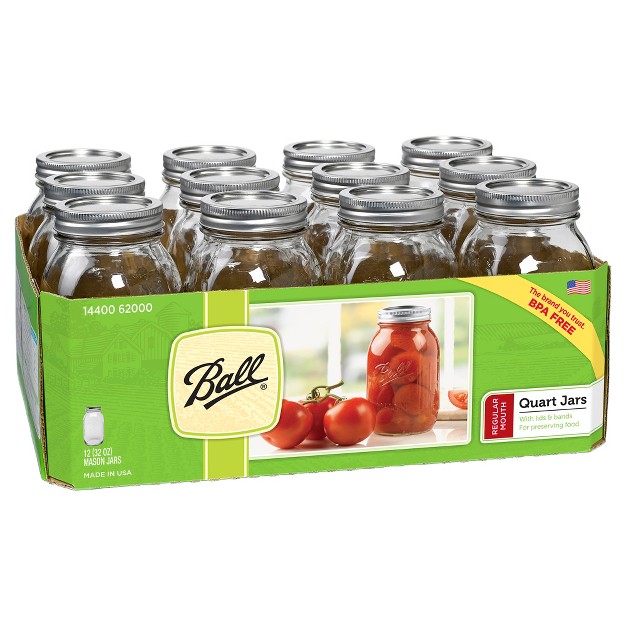 Ball 32oz 12pk Glass Regular Mouth Mason Jar With Lid And Band