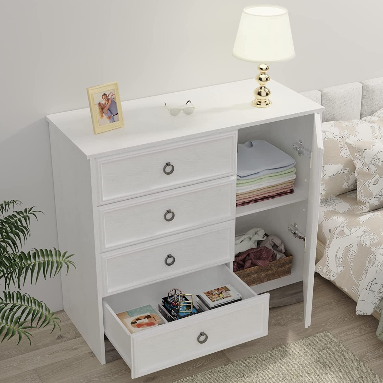 LGHM 4 Drawer Dresser W/ Door Cabinet for Bedroom, Entryway, Living Room, White