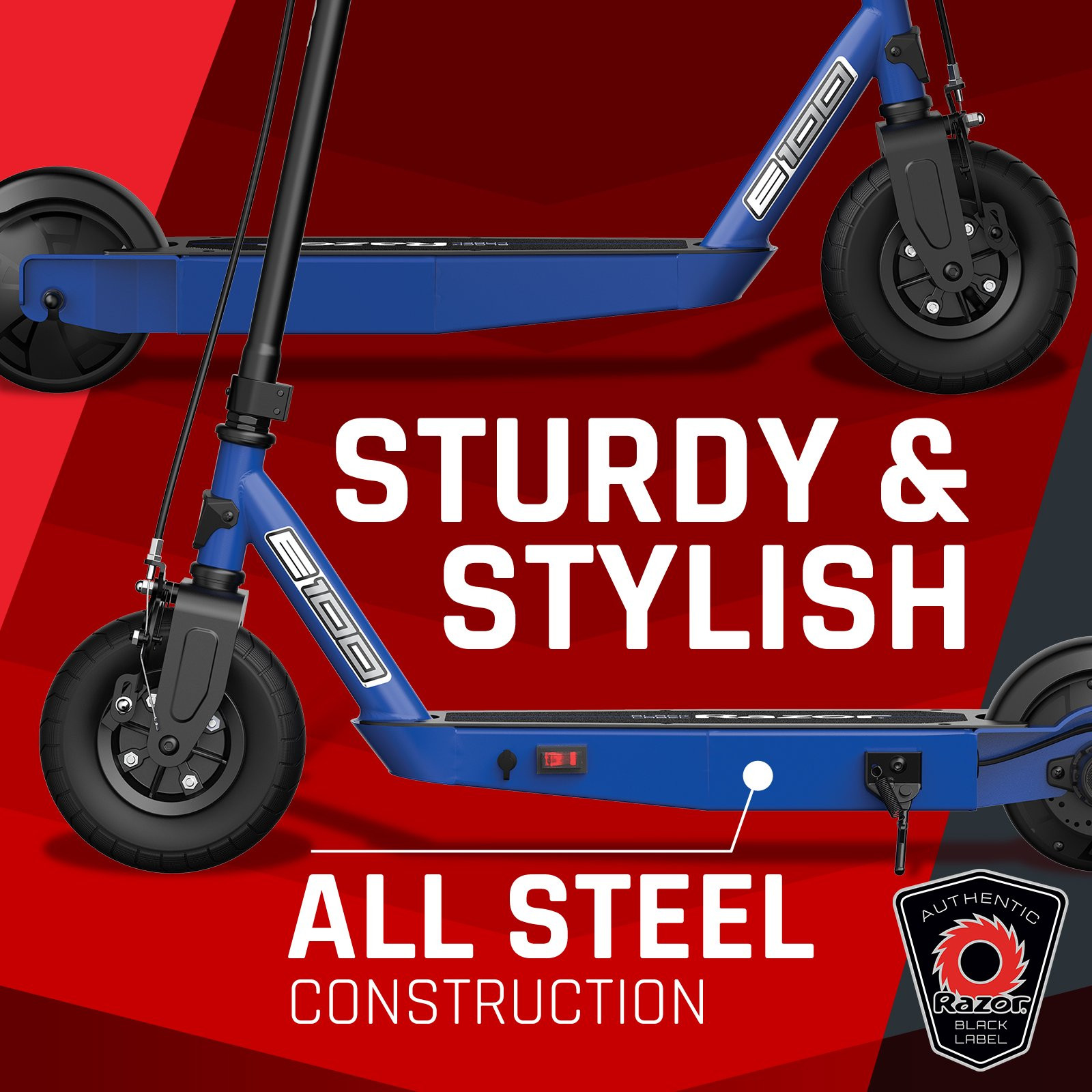 Razor Black Label E100 Electric Scooter, 8′′ Pneumatic Front Tire, 90W Power Core High-Torque Hub Motor, Blue